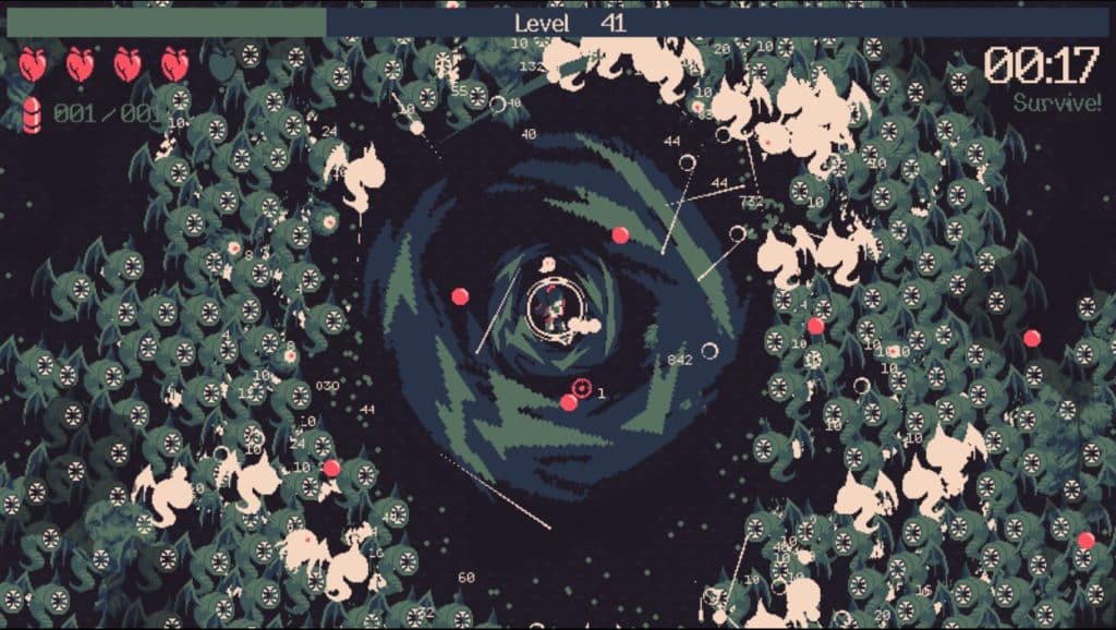 Gameplay screenshot of 20 Minutes Till Dawn, featuring a pixel-art protagonist surrounded by dense waves of monsters in a circular attack pattern. Showcased in the Games Like Brotato article for its roguelite survival and bullet heaven elements.