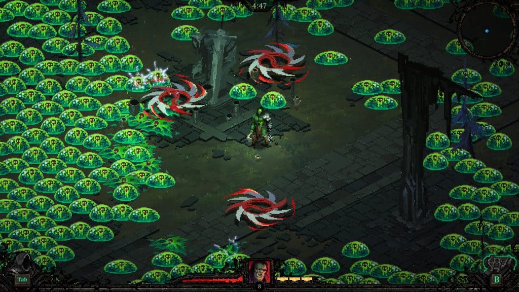 Gameplay screenshot of Death Must Die, showing a lone character in a dark, moody dungeon surrounded by hordes of green jelly-like enemies. Blood-red spinning blades swirl around the player character, creating a chaotic, intense combat scene. The UI at the bottom shows player health and skills, echoing Brotato’s horde survival mechanics. This image is featured in the Games Like Brotato article to illustrate similar gameplay styles.