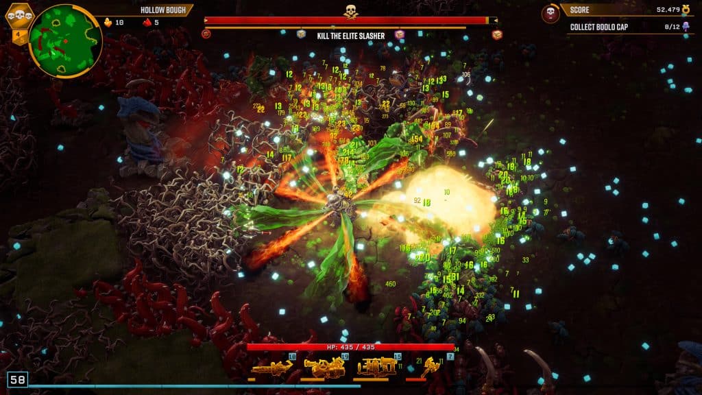 Gameplay screenshot from Deep Rock Galactic: Survivor showing a chaotic bullet heaven battle, with a heavily armed dwarf at the center unleashing green flame and explosive attacks against swarming alien enemies. The HUD displays weapons, health bar, mini-map, and score, showcasing the game’s top-down roguelike shooter mechanics similar to Brotato.