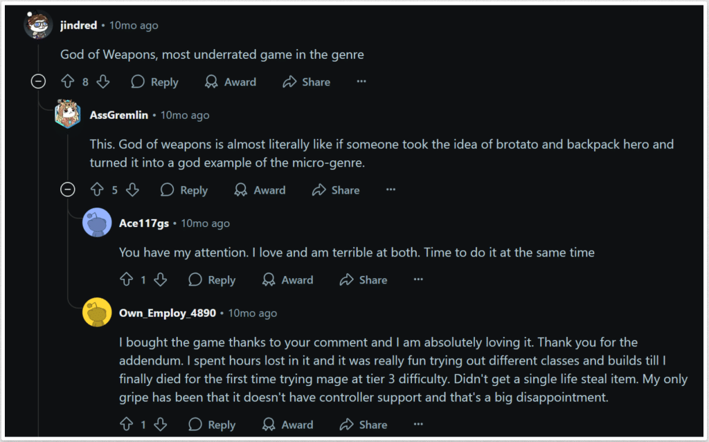 Screenshot of a Reddit thread discussing God of Weapons as a hidden gem in the Games Like Brotato genre. Users compare it to Brotato and Backpack Hero, praising its fun mechanics, underrated status, and engaging gameplay despite lacking controller support.