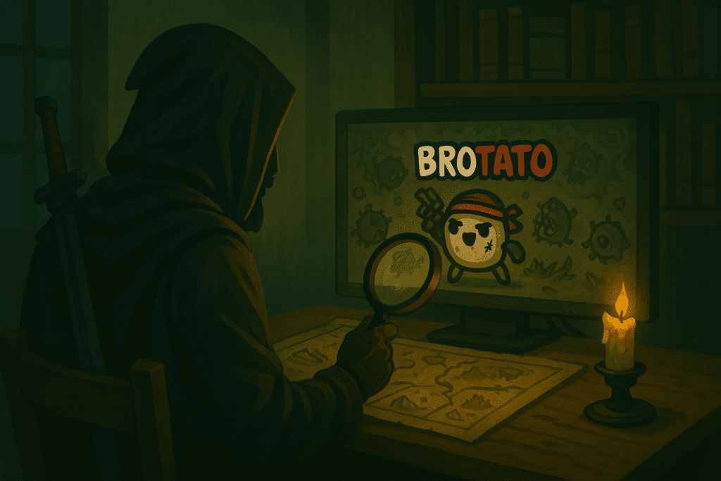 Illustration of a hooded adventurer examining a game map by candlelight while analyzing the game Brotato on a computer screen, symbolizing game research and ranking methodology.