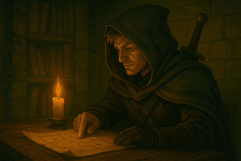 Digital fantasy artwork of a hooded rogue character studying a parchment map by candlelight, evoking the dark, adventurous atmosphere of roguelike games like Brotato and other indie action roguelites.