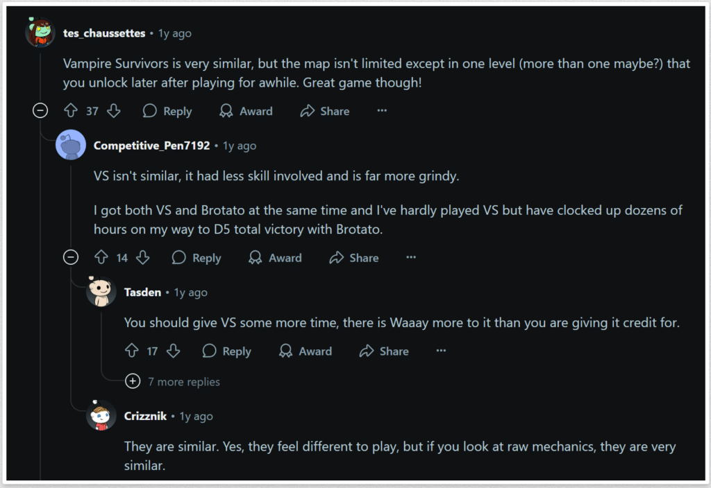 Screenshot of a Reddit thread featuring a discussion comparing Vampire Survivors to Brotato. Multiple users debate similarities and differences, with some stating VS is grindier and less skill-based, while others argue it’s just as deep with similar mechanics. The comments reflect the mixed but thoughtful community sentiment around how Vampire Survivors scratches the same gameplay itch as Brotato, despite stylistic and mechanical differences. This image appears in the Games Like Brotato article.