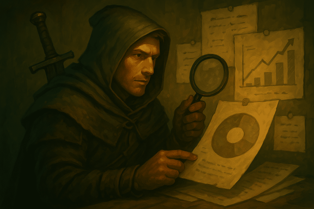 Semi-realistic fantasy painting of a researcher studying game data, symbolizing the motivation behind collecting and analyzing roguelike game recommendations.