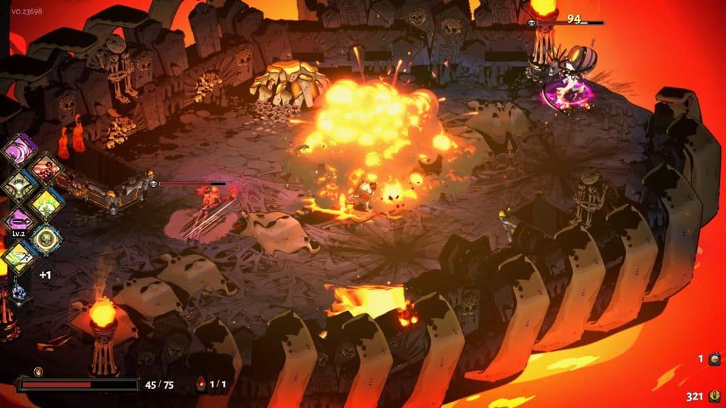 A fiery combat scene from Hades, featuring a stylized top-down view of a circular arena with skeletal decorations and molten lava surrounding the edges. The player character dashes through a burst of flames and explosion effects while fighting a glowing enemy in the upper right corner. The UI on the left shows various equipped boons and abilities, and the health bar indicates the player is at 45/75 HP.