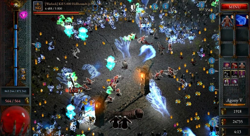 Gameplay screenshot of Halls of Torment, a gothic-style action roguelite with bullet heaven elements, featured in the Games Like Brotato roundup. The screen is filled with enemies, spell effects, and loot drops as the player battles through a chaotic horde.