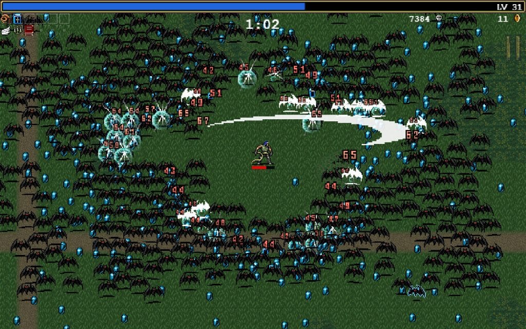 Screenshot of Vampire Survivors, showcasing a character surrounded by hundreds of black bats and blue gems in an open grassy field. The player is unleashing white arc-shaped attacks in all directions, highlighting the auto-attacking, survival-based gameplay. Damage numbers flood the screen as enemies close in. This chaotic bullet-heaven style moment visually mirrors the horde gameplay found in Brotato, making it a natural comparison. This image appears in the Games Like Brotato article.