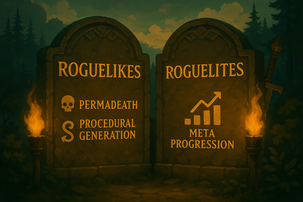Visual guide contrasting roguelike and roguelite gameplay mechanics and features.