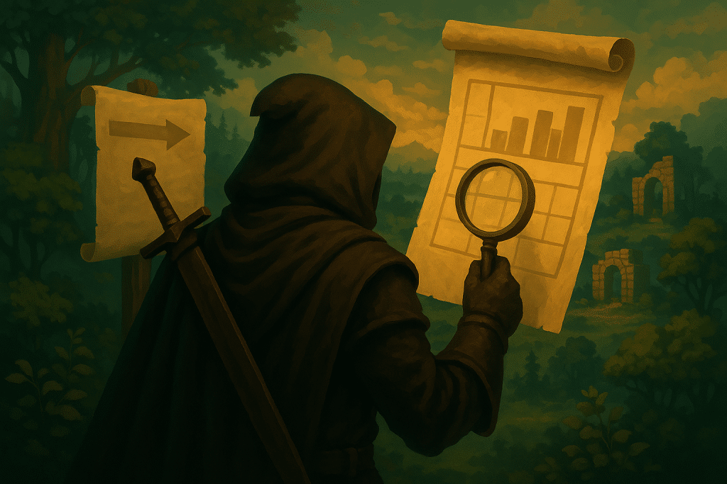 A person in a hood examines an object closely with a magnifying glass, highlighting their focused expression.