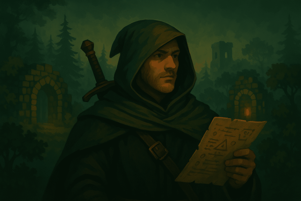 A hooded man clutches a paper, appearing thoughtful, surrounded by a softly lit, mysterious atmosphere.