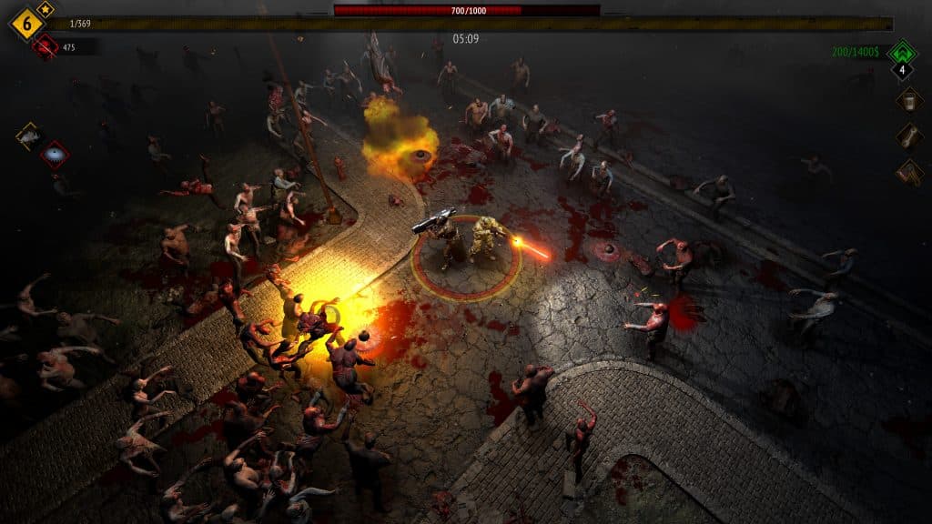 Screenshot from Yet Another Zombie Survivors, showing two heavily armed characters surrounded by a massive horde of zombies on a blood-stained urban street. One character wields a red lightsaber-style weapon, while the other fires a heavy machine gun. Explosions and gore highlight the chaotic, top-down bullet-heaven gameplay style reminiscent of Brotato. This image is featured in the Games Like Brotato blog post.