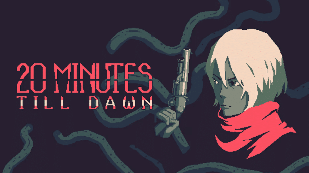 20 Minutes Till Dawn key art featuring a gun-wielding character against a dark tentacled background, a top bullet heaven game on Steam and mobile