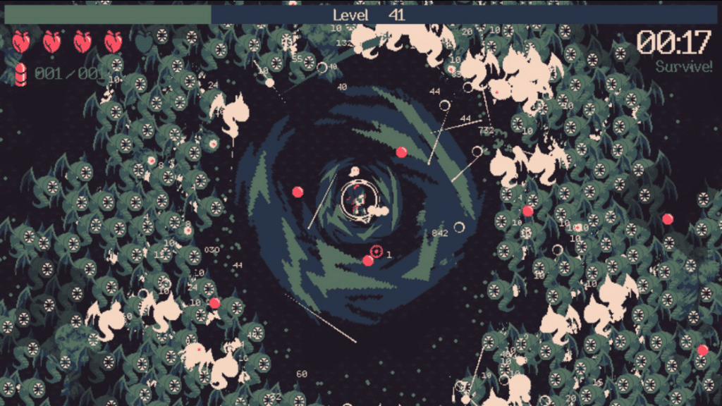 20 Minutes Till Dawn gameplay showing a character surrounded by a swirling vortex of enemies, a synergy-focused best bullet heaven game