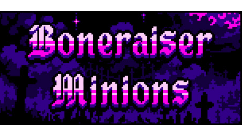 Boneraiser Minions pixel art title screen with a graveyard backdrop, one of the best value bullet heaven games available