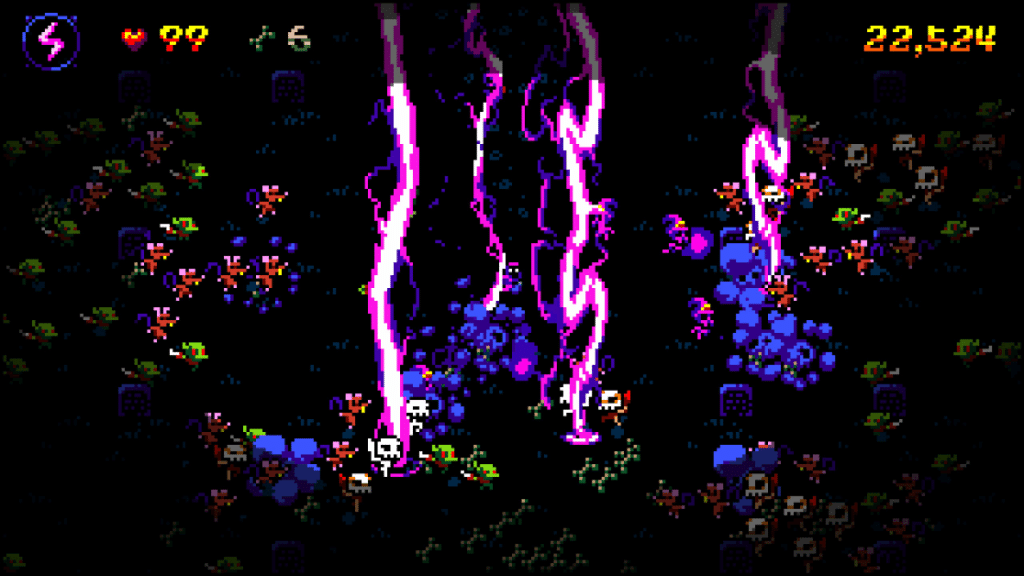 Boneraiser Minions gameplay showing a character commanding skeleton minions with purple lightning strikes against enemy hordes, a unique bullet heaven game