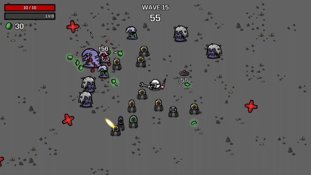 Brotato top-down gameplay showing a potato character fighting waves of alien enemies on a barren map, one of the best bullet heaven games on Switch and PC