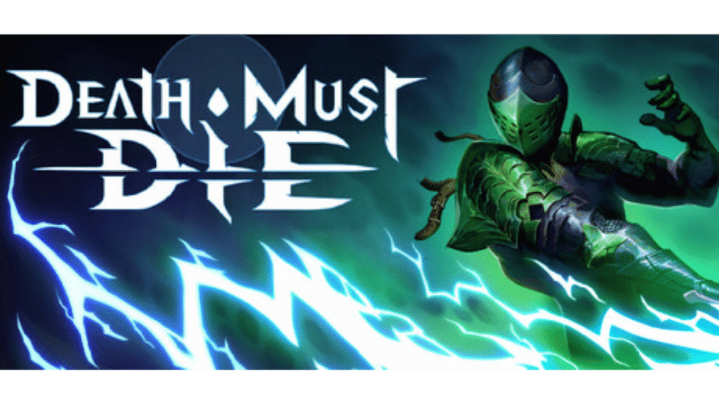Death Must Die key art featuring an armored character with lightning effects, a bullet heaven game that blends Vampire Survivors with Hades
