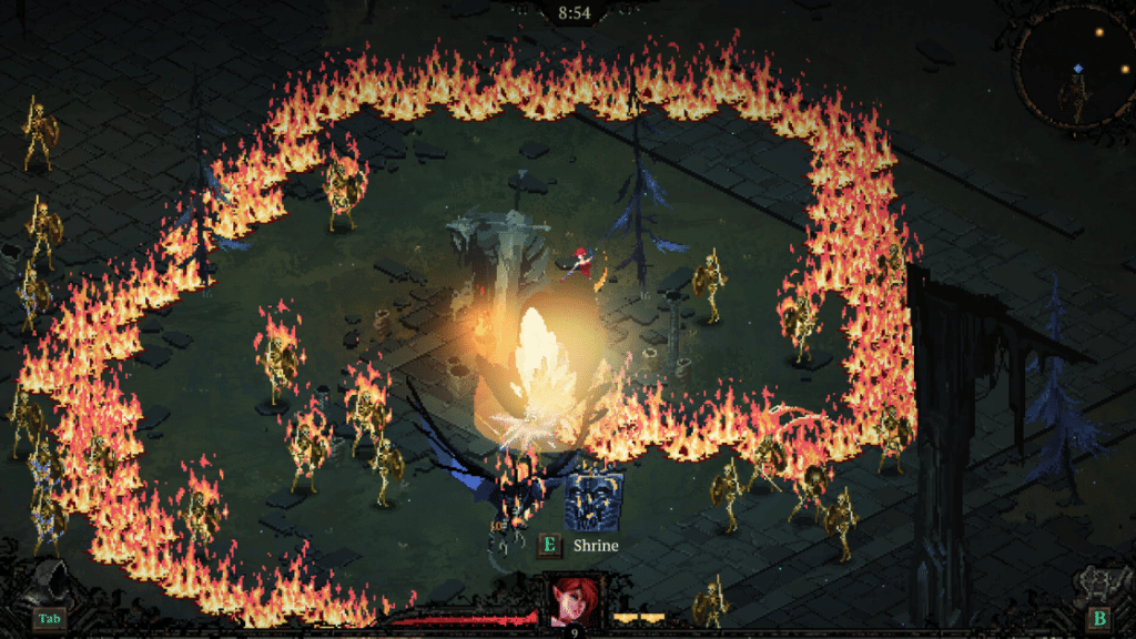 Death Must Die isometric gameplay showing a character surrounded by a ring of fire and skeleton enemies, one of the best bullet heaven games on Steam