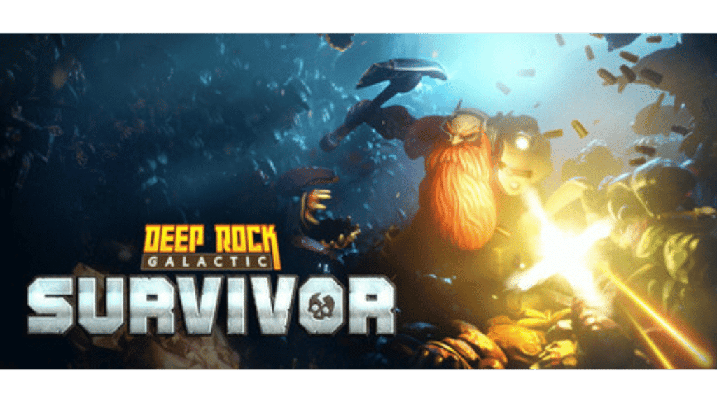 Deep Rock Galactic Survivor key art featuring a bearded dwarf in combat, one of the most unique best bullet heaven games available