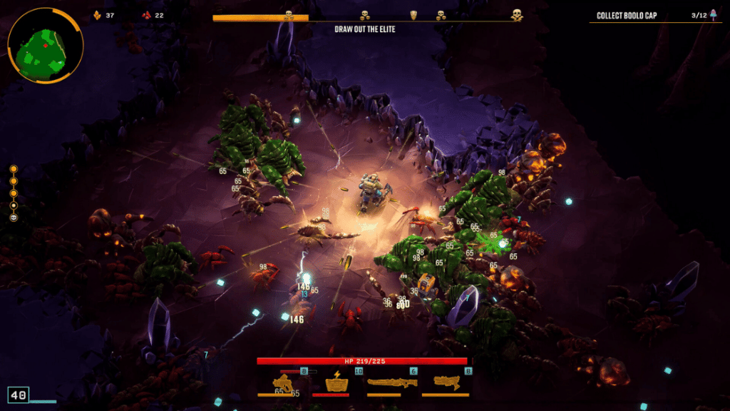 Deep Rock Galactic Survivor top-down gameplay showing a dwarf character fighting insect hordes in an alien cave, a standout bullet heaven game on PC and Game Pass