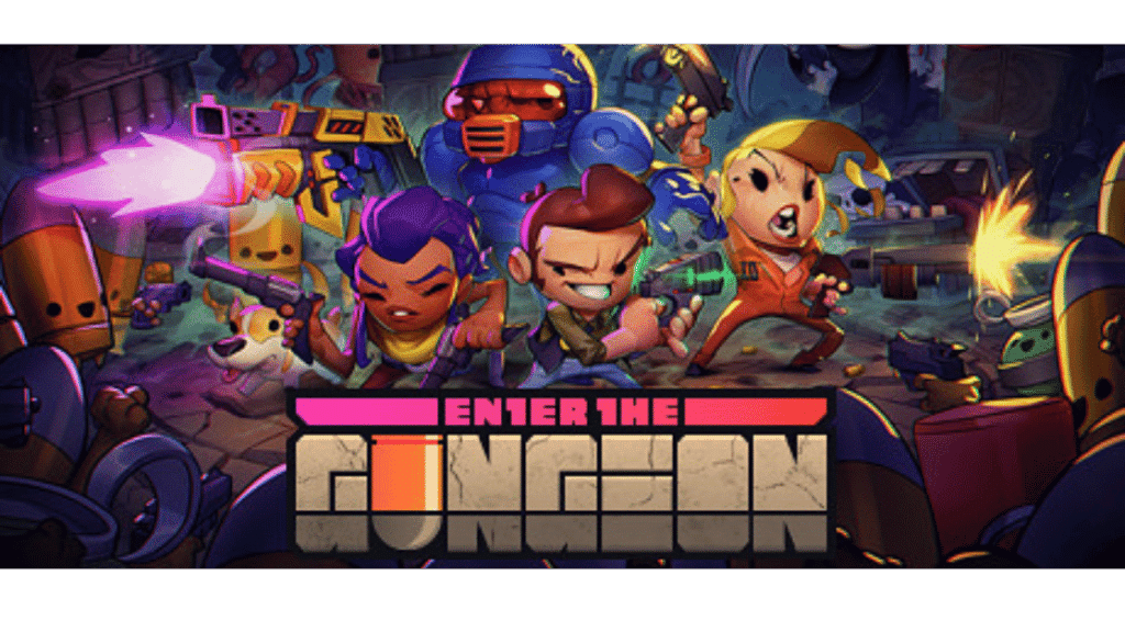 Enter the Gungeon key art featuring the full character roster armed with weapons, a popular bullet heaven game on PS5, Switch, Xbox, and PC