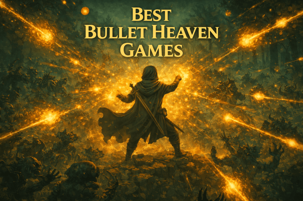 ooded rogue warrior unleashing magical energy outward against waves of monsters in the best bullet heaven games guide
