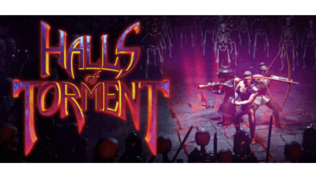 Halls of Torment key art featuring armored warriors fighting a skeleton horde, a Diablo-inspired bullet heaven game on PC and Xbox