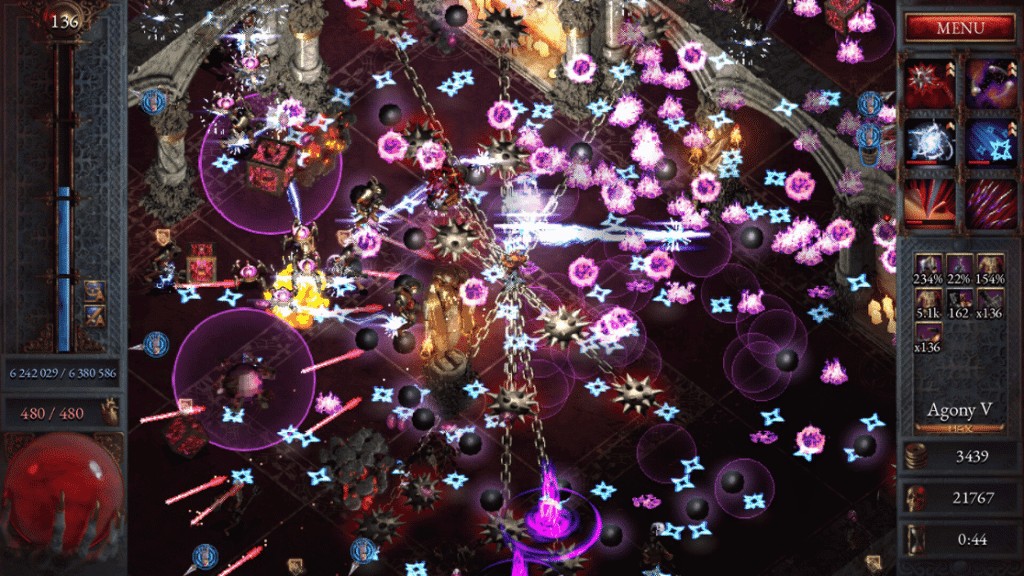 Halls of Torment gameplay showing a character surrounded by chaotic purple and blue projectiles in a dark dungeon, one of the best bullet heaven games
