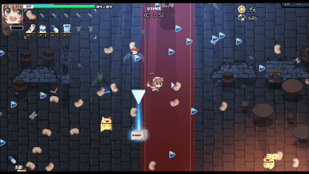 HoloCure pixel art gameplay showing a character dodging enemies in a dungeon corridor, a free bullet heaven game on Steam