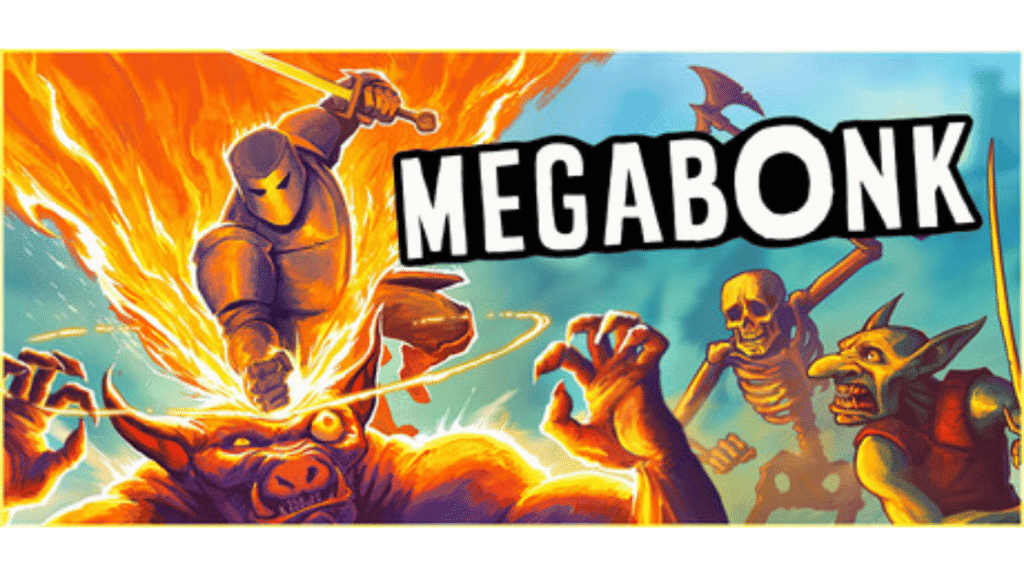 Megabonk key art featuring an armored warrior battling flaming enemies and skeletons, one of the newest best bullet heaven games in early access