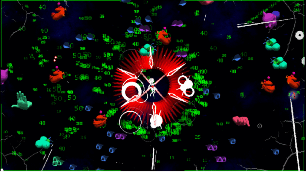 Picayune Dreams gameplay showing a tiny character unleashing a red energy explosion against waves of colorful alien enemies, one of the most artistic best bullet heaven games