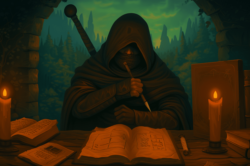 Hooded rogue writing notes by candlelight surrounded by open books and scrolls while researching the best bullet heaven games