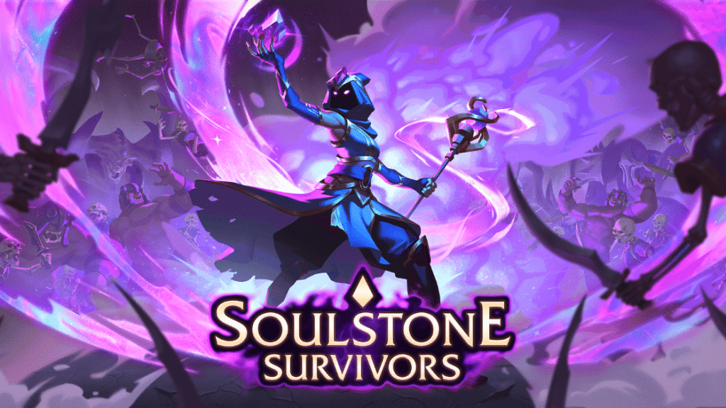 Soulstone Survivors key art featuring a hooded mage wielding soulstone magic against a skeleton horde, the top-rated bullet heaven game on PC