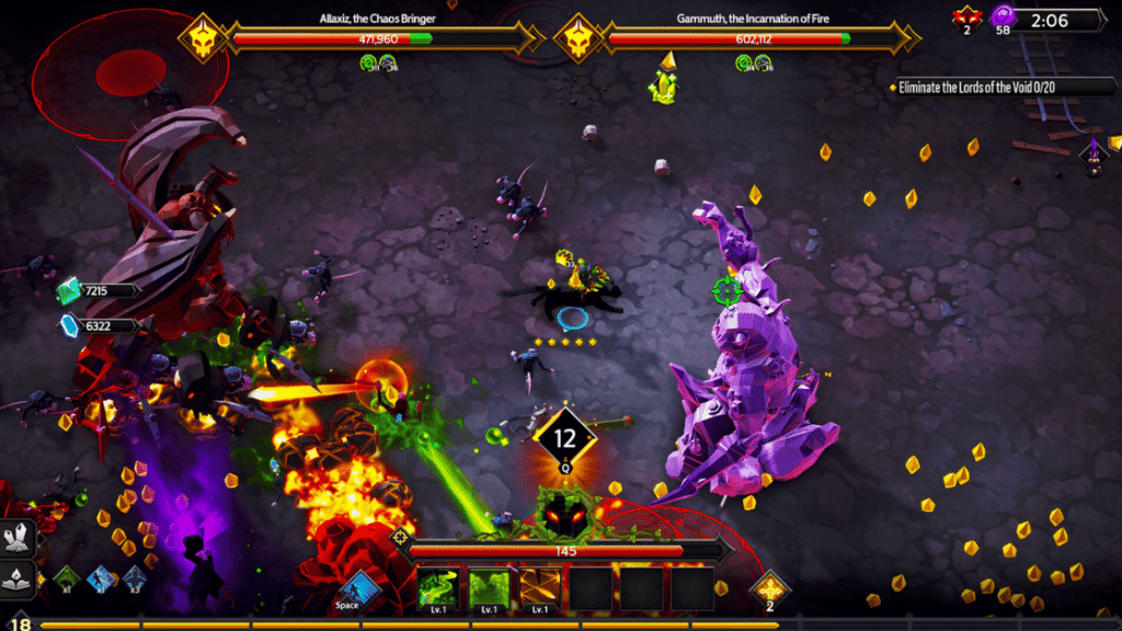 Soulstone Survivors top-down gameplay showing a character battling two massive bosses with multicolored magical explosions, the number one ranked best bullet heaven game