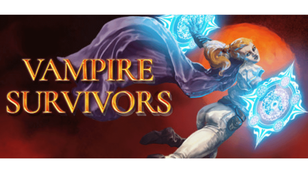 Vampire Survivors key art featuring a character wielding magical weapons against a red sky, one of the best bullet heaven games ever made