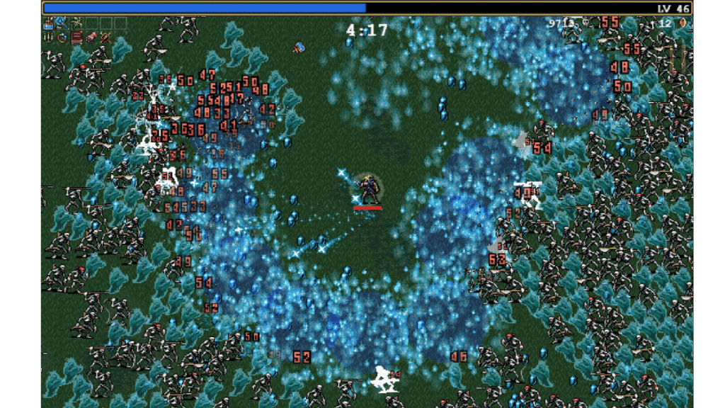 Vampire Survivors gameplay showing a lone character clearing a massive horde with blue magical energy, the bullet heaven game that defined the genre