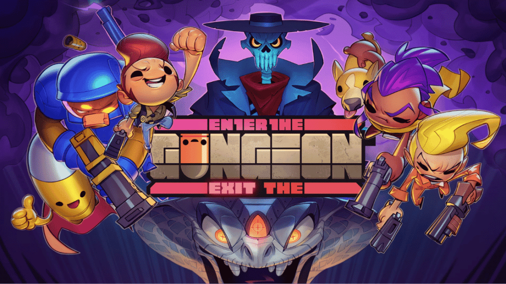 Enter the Gungeon top-down pixel art gameplay with characters fighting in a dungeon room, one of the best bullet hell games on Steam
