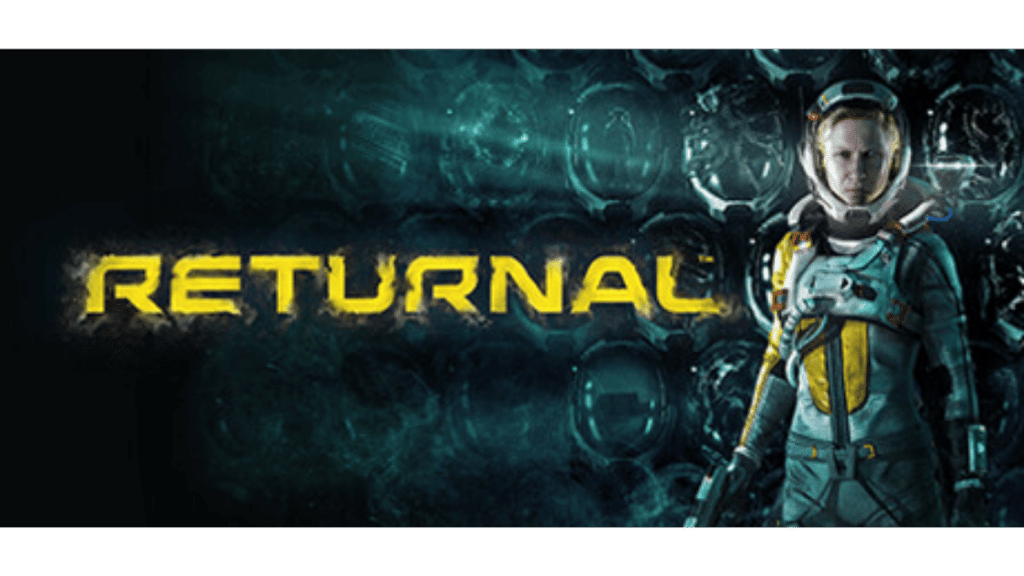 Returnal gameplay showing a 3D bullet hell boss fight with massive waves of cyan projectiles in a fiery alien arena