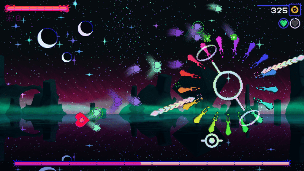 The Void Rains Upon Her Heart key art with a silhouetted figure holding a glowing heart, a unique emotional entry in the bullet hell genre