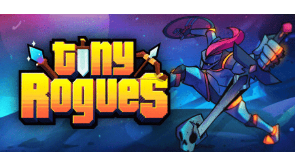 Tiny Rogues top-down pixel art gameplay showing a character battling enemies in a dungeon room, a compact bullet hell roguelite