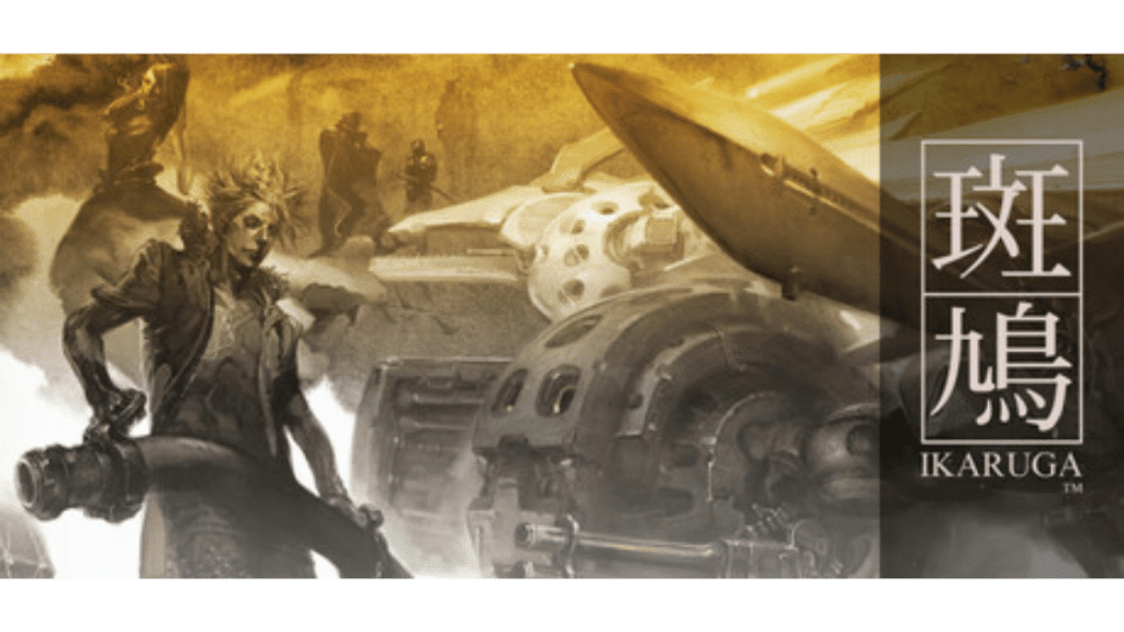 Ikaruga key art featuring a warrior beside a spacecraft, a legendary classic bullet hell game in the bullet hell genre