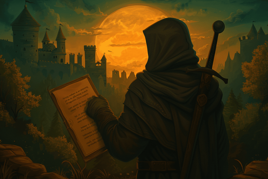 Hooded rogue reading a glowing parchment scroll at sunset overlooking a medieval castle, illustrating the best bullet hell games info section