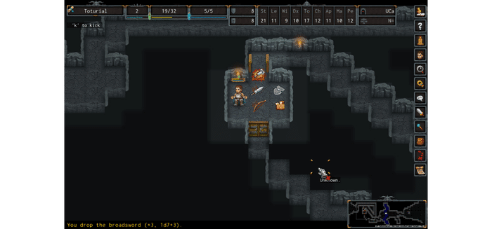 ADOM Ancient Domains of Mystery tutorial dungeon gameplay showing tile-based traditional roguelike combat - ranked 9th best roguelike game with 130 Reddit votes