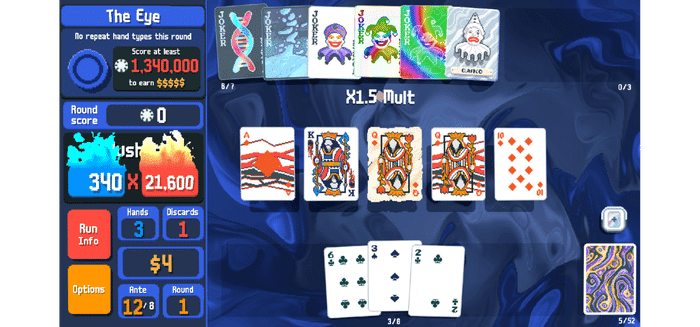 Balatro gameplay showing high-scoring poker hand with joker synergies and multipliers - ranked 7th best roguelike game with 179 Reddit votes