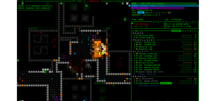 Cogmind sci-fi roguelike gameplay showing robot part management and ASCII tactical combat - ranked 3rd best roguelike game with 229 Reddit votes