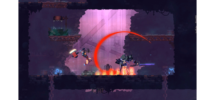 Dead Cells roguelite gameplay showing fluid sword combat against an armored enemy in a dark pixel art environment - honorable mention best roguelike games list