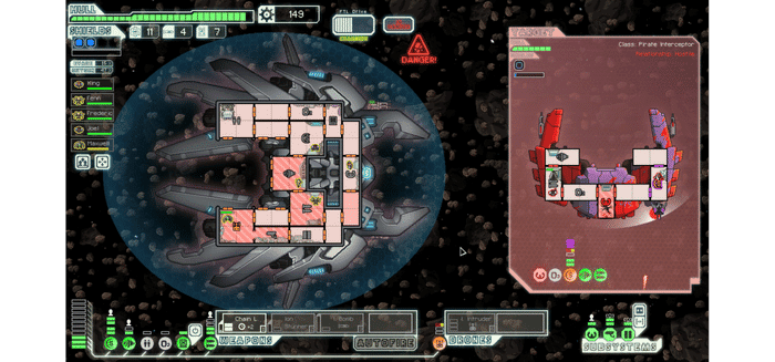 FTL Faster Than Light spaceship crew management gameplay showing combat against a pirate interceptor - ranked 4th best roguelike game with 200 Reddit votes