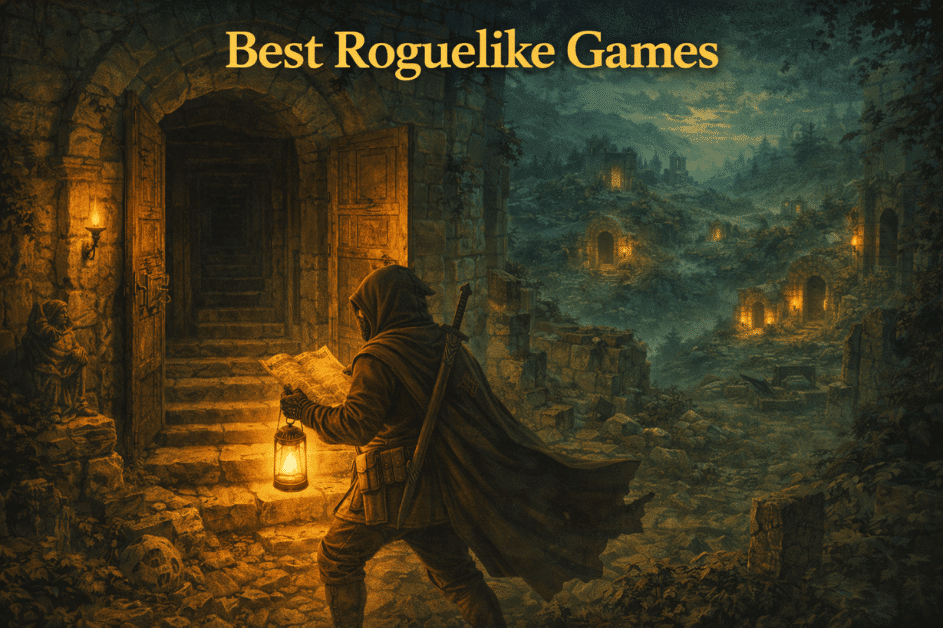 Best roguelike games list - cloaked explorer reading a map outside a dungeon entrance, illustrating the top roguelike games based on real Reddit community data