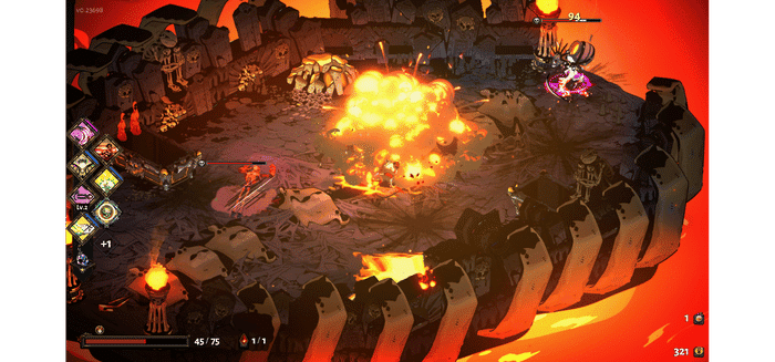 Hades gameplay screenshot showing explosive Underworld combat - ranked 6th best roguelike game with 182 Reddit votes