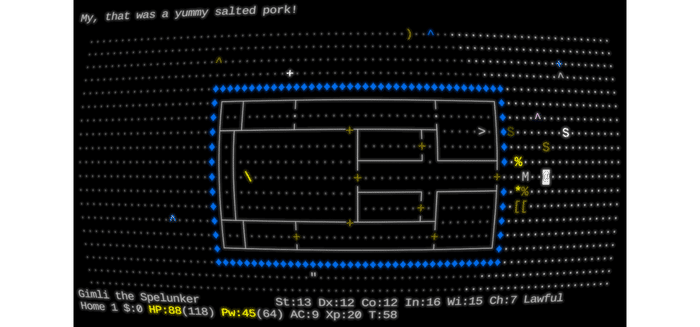 Nethack ASCII dungeon gameplay screenshot showing classic terminal-style traditional roguelike - free roguelike honorable mention with 124 Reddit votes